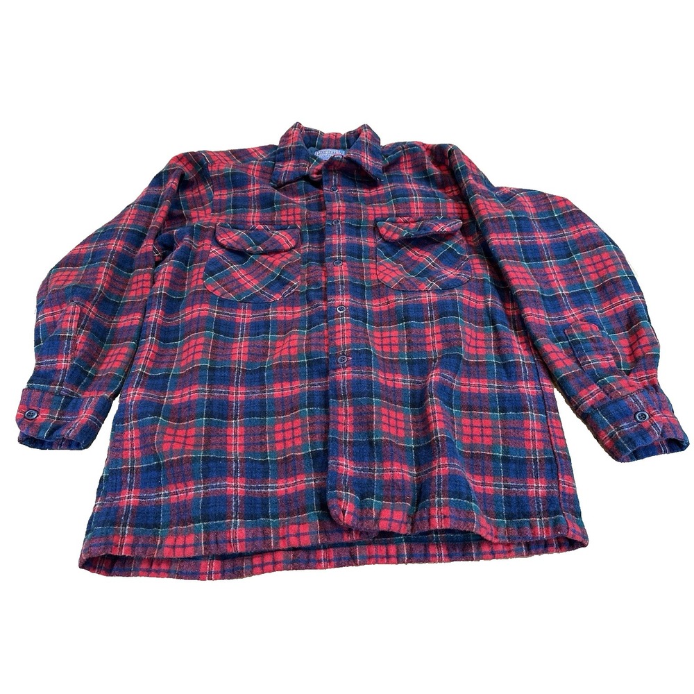 Vintage 60s Pendleton Board Shirt Red Plaid Wool Loop Collar Made in USA Size L